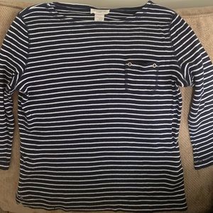 Jones New York navy and white ribbed boat neck pullover shirt
